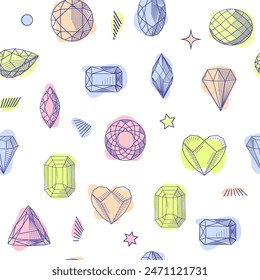 Gemstone crystal seamless pattern. Pastel gems and stars on white background.