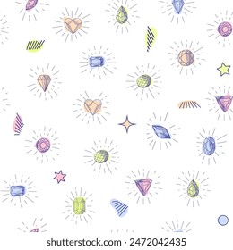 Patrón sin fisuras de cristal de piedra preciosa. Gemas y estrellas de color pastel sobre fondo blanco.