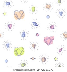 Gemstone crystal seamless pattern. Pastel gems and stars on white background.
