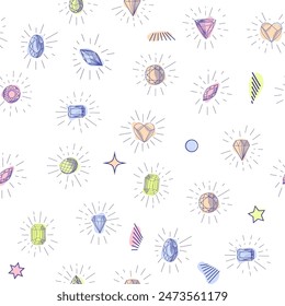 Gemstone crystal seamless pattern. Pastel gems and stars on white background.