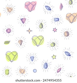 Gemstone crystal seamless pattern. Pastel gems and stars on white background.