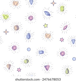 Gemstone crystal seamless pattern. Pastel gems and stars on white background.