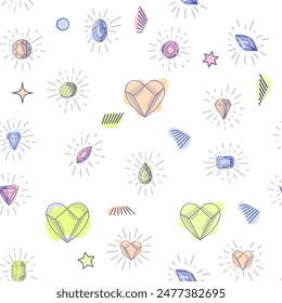 Gemstone crystal seamless pattern. Pastel gems and stars on white background.