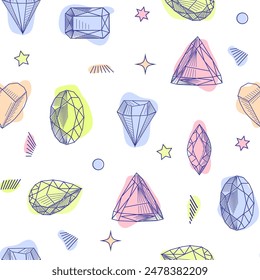 Gemstone crystal seamless pattern. Pastel gems and stars on white background.