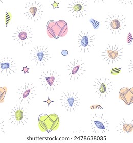 Gemstone crystal seamless pattern. Pastel gems and stars on white background.