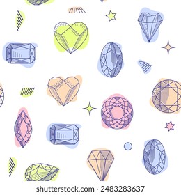 Gemstone crystal seamless pattern. Pastel gems and stars on white background.