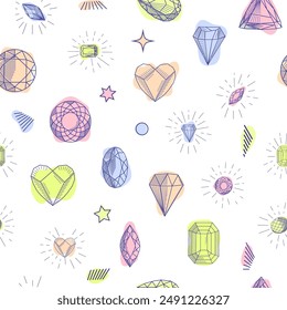 Gemstone crystal seamless pattern. Pastel gems and stars on white background.