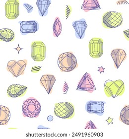 Patrón sin fisuras de cristal de piedra preciosa. Gemas y estrellas de color pastel sobre fondo blanco.