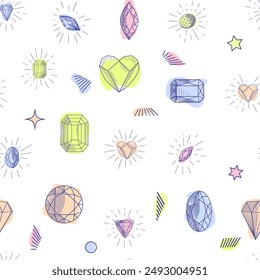 Gemstone crystal seamless pattern. Pastel gems and stars on white background.