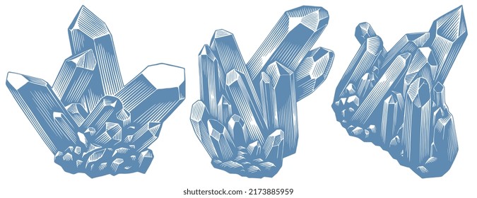 Edelsteinkristalle. Design-Set. Bearbeitbare handgezeichnete Illustration. Vektor Vintage Gravur. 8 EPS