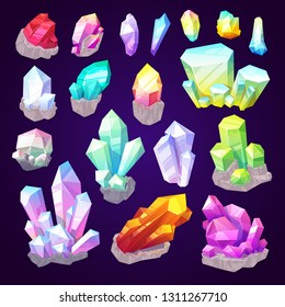 Gemstone Crystals, Gem Stones And Natural Minerals. Vector Sparkling Brilliant Diamond, Emerald Jewel Or Sapphire Shine And Amethyst With Ruby In Precious Cutting Jewelry