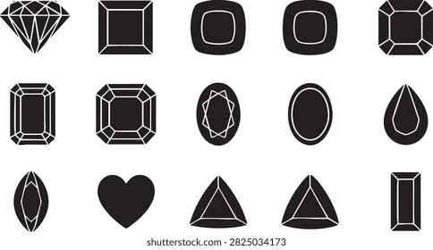 Gemstone and diamond cut icon set with black shapes for jewelry luxury fashion and branding