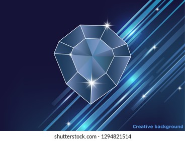 Gemstone, diamond. Magic crystal on a bright background with stripes. Isolated, brilliant, sparkling. Vector graphics