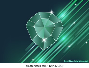Gemstone, diamond. Magic crystal on a bright background with stripes. Isolated, brilliant, sparkling. Vector graphics