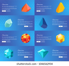 Gemstone geological precious stones vector illustration collection of pages with push-buttons isolated on blue, crystals and minerals online jewelry gems