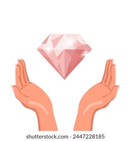 Gemstone in hands on a white background. Luxurious diamond in hand. Illustration. Vector