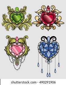 Gemstone Heart Set Gem Diamond Traditional Tattoo Jewel Drawing