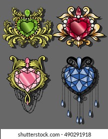 Gemstone Heart Set Gem Diamond Traditional Tattoo Jewel Drawing