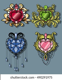 Gemstone Heart Set Gem Diamond Traditional Tattoo Jewel Drawing