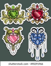 Gemstone Hearts Set Gem Diamond Traditional Tattoo Jewel Drawing