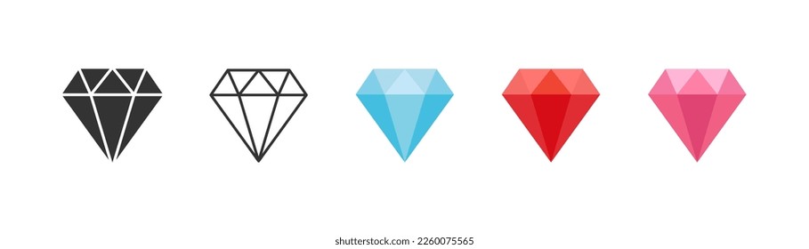 Gemstone icon on light background. Diamond symbol. Brilliant, jewelry, blue crystal, precious, treasure, luxury, red jewellery. Outline, flat, and colored style. Flat design. 