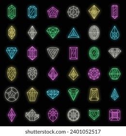 Gemstone icons set. Outline set of gemstone vector icons neon color on black