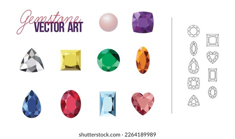 Gemstone and Jewel Vector Art of Diamond, Ruby, Sapphire, Emerald, Topaz, Citrine, Pearl, Amethyst with a variety of cuts. Square, Marquise, Heart, Trilliant and Oval Gems. Multiple Color Set.