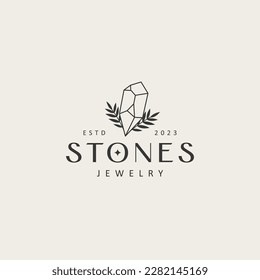 Gemstone logo design template. Geometric stone with floral illustration.