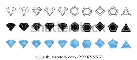 Gemstone logo. Precious gem icons. Crystal geometric star and jewel shapes elements. Sparkle stones. Expensive jewelry. Faceted carat. Treasure sapphire. Black onyx. Vector garish design symbols set