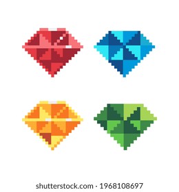 Gemstone pixel art icons set. Diamond, sapphire, topaz, ruby and emerald gemstone. Precious stone solated vector illustration. Game assets 8-bit sprite. Design stickers, logo for jewelry store, app.