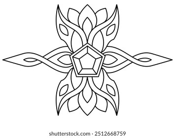 Piedras preciosas y plantas, elemento decorativo con tejido - imagen lineal de Vector para colorear en un estilo mágico, elfo. Esquema. Fragmento de planta para crear adornos, Plantilla para la creatividad.