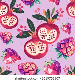 Gemstone romã e padrão de Berry em rosa. Frutos espumantes e cristais plano de fundo sem costura