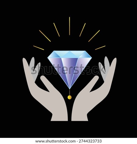Gemstone protection, hands holding precious diamond, valuable treasure, brilliant light rays, luxury icon.