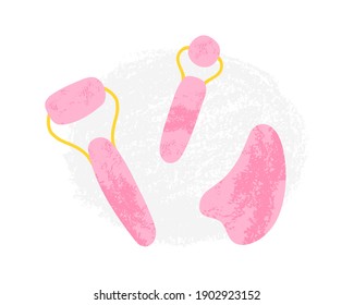 Gemstone quartz Gua-sha scrapers, rollers set. Natural beauty routine, skin care tools for facial massage. Vector isolated illustration in cartoon style with texture.