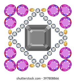 Gemstone rim asscher cut square brooch isolated on white background, vector illustration