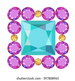 Gemstone rim princess cut square brooch isolated on white background, vector illustration