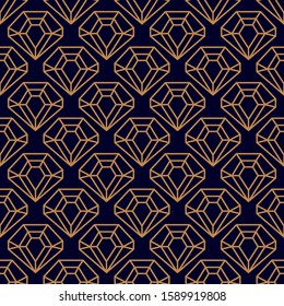 Gemstone Seamless pattern in minimal trendy style. Gold linear diamonds on a dark purple background. Vector Abstract geometric texture for paper, cards, invitations, fabric.