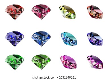Gemstone vector icons in blue, sky, red, green and pink color. Set of 12 icons