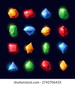 Gemstone. Vector set of gem crystals, colorful bright diamonds, jewelry, and mineral stones. Sapphire and amethyst, magic neon glowing emerald, diamond quartz. Mineral stone for game, ui design or web
