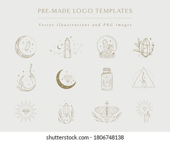 Gemstones Collection of hand drawn logo design templates and elements, geometric frames, decorative illustrations and icons of precious stones, gems, crystals. Line drawing, lineart style