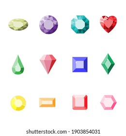 Gemstones Colorful Set. Vector Heart Gems Illustration. Ruby, Crystal, Diamond, Brilliant, Emerald. Cartoon Jewels Isolated.