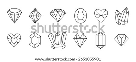 Gemstones and crystals in various shapes, vector black line icon set, editable stroke. Collection of gem monochrome signs, outline diamonds and faceted stones