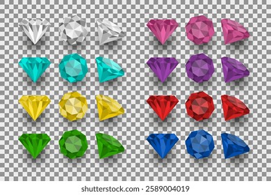 Gemstones of different colors from different angles. Vector design. 