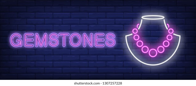 Gemstones neon text with necklace on dummy. Jewelry shop design. Night bright neon sign, colorful billboard, light banner. Vector illustration in neon style.