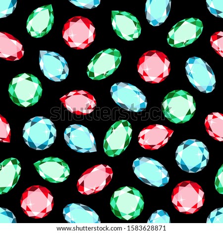 Gemstones on black background seamless pattern. Vector stock illustration. Design for fabric, textile, paper.
