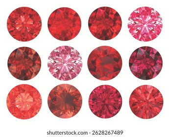 Las gemas varían en color de rojo claro a rojo oscuro, con algunas piedras que exhiben tonos amarillos o púrpuras. Esta variedad muestra la diversidad de tonos que las gemas rojas y los diamantes