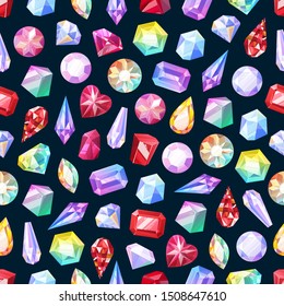 Gemstones Seamless Pattern Of Gem Jewels, Diamonds And Jewelry Precious Stones. Vector Background Of Ruby, Sapphire Crystal And Emerald, Opal And Amethyst Rhinestones, Topaz And Quartz Gems