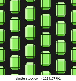 Gemstones seamless pattern. Stylized square faceted green emeralds on black background. Best for textile, wallpapers, wrapping paper, package and your design.
