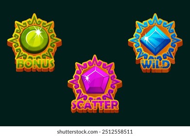 Gemstones in solar disk frames, APP icons- BONUS, WILD and SCATTER for slots games. 2D game assets