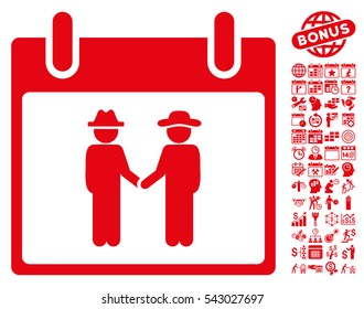 Gemtlemen Handshake Calendar Day icon with bonus calendar and time management pictograms. Vector illustration style is flat iconic symbols, red, white background.